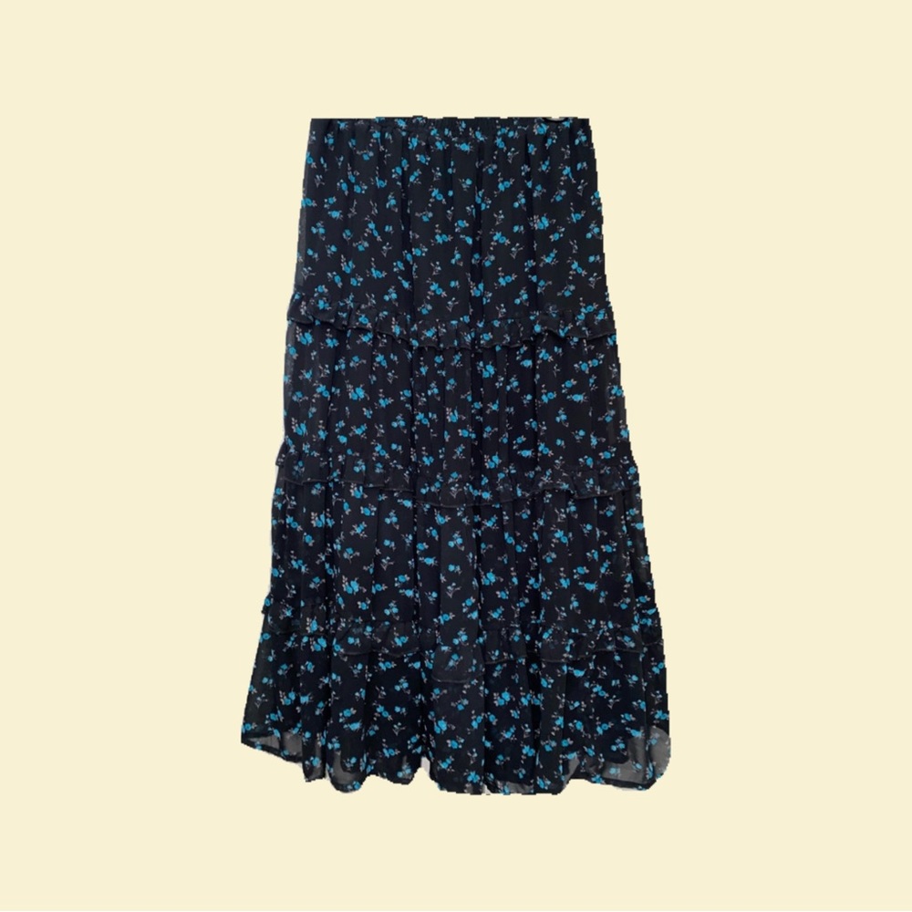 Black and blue, ruffle, midi, floral